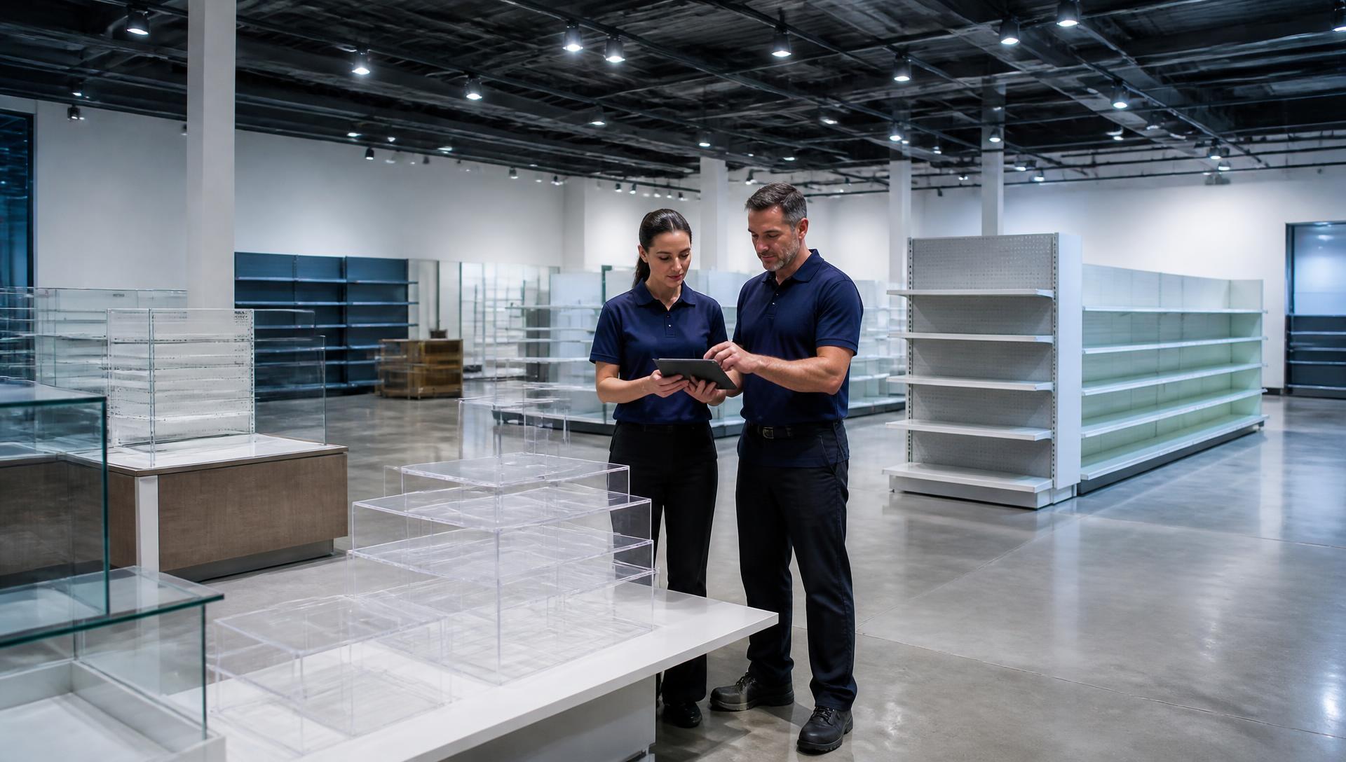 Polaris retail display showroom with acrylic risers and store shelving